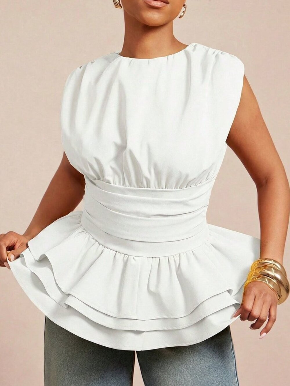White Casual Women's Woven Round Neck Ruched Sleeveless Layered Peplum Hem Top